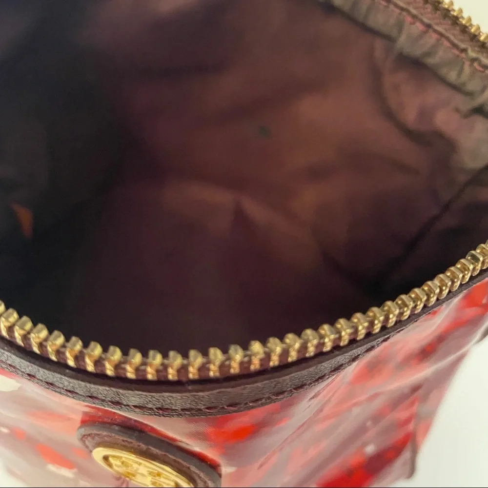 TORY BURCH BAG COSMETIC RED WHITE PRINT ZIP TOP MAKEUP SIGNATURE T TAC MEDALLION